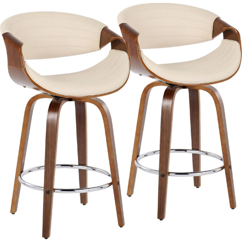 Symphony 26" Swivel Counter Stool in Walnut Wood & Cream Leatherette with Chrome Footrest (Set of 2)